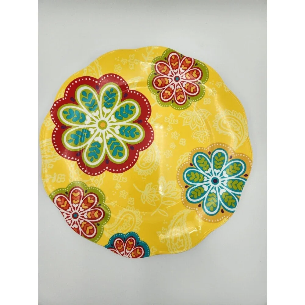 Pier 1 Sunny Floral melamine dinner Plates Set 4 Yellow bright colors flowers‎